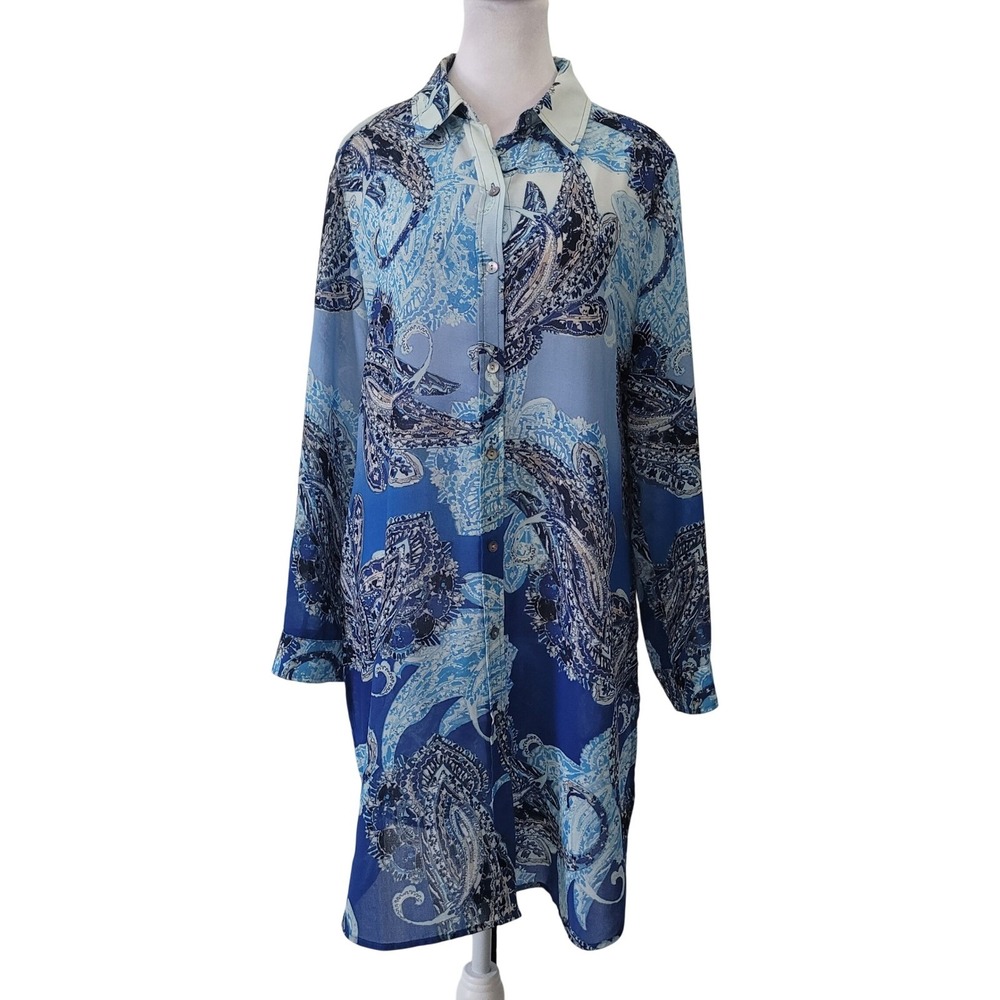 Chico's Womens 1 M Longline Button Down Tunic Blue Paisley Long Sleeve Shirt